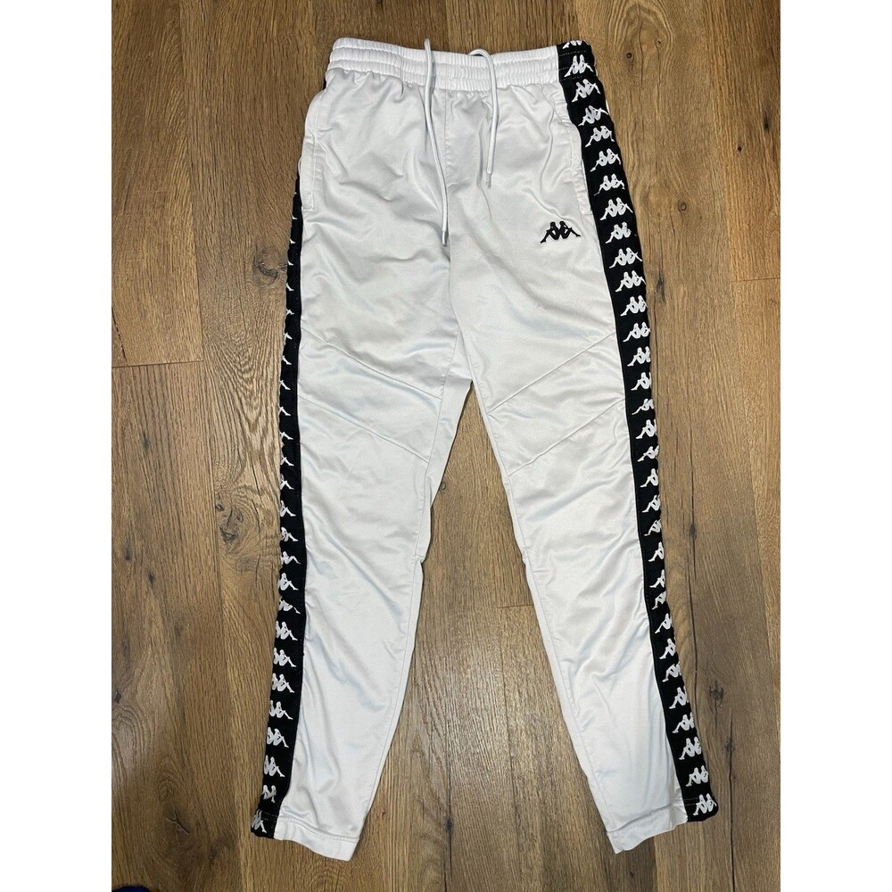 Kappa Men's Track Pants White/Black Logo Tape Polyester Drawstring Size S